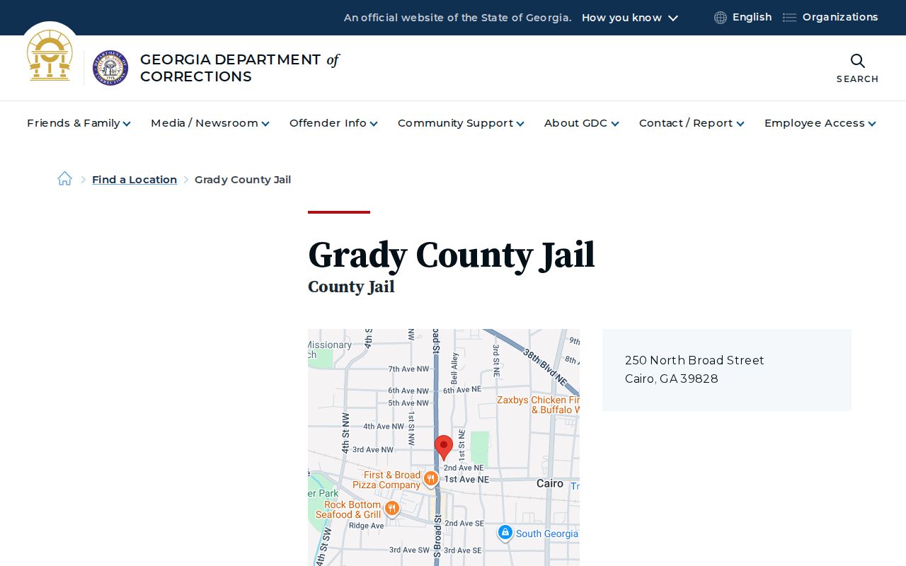 Georgia Department of Corrections Grady County Jail location card